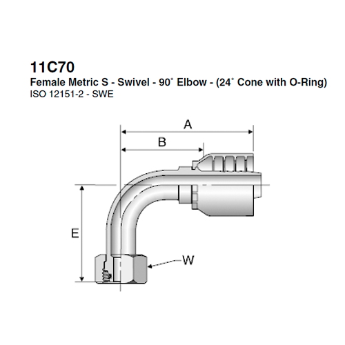 11C70 Female Metric S Swivel 90 Elbow 24 Cone With O Ring ISO